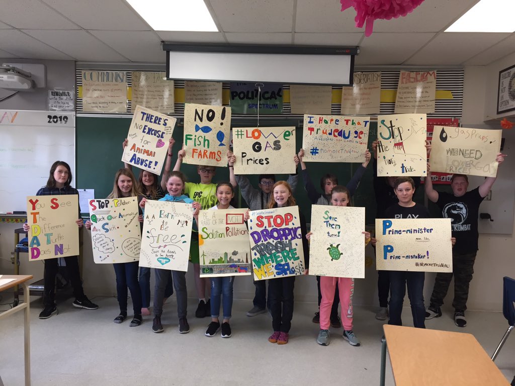 MissJaysclass's tweet photo. Showing off our posters of protest , ranging in issues from animal rights to gas prices- all the grade 6’s we’re excited to share their passions!! #morrinproud #sofun #protest @plrd25 https://t.co/dHLxGkb5wD