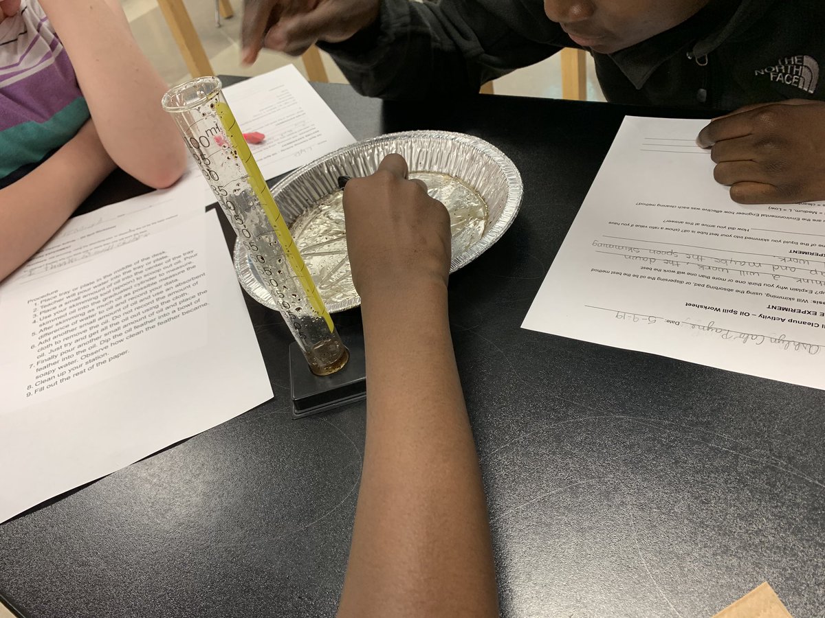 TeamStafford3's tweet photo. Which method cleans the most oil off the feather? Mr. Parker is an amazing educator! He’ll do well next year teaching 7th grade science. Congrats on your degree and job! #sciencerockscms https://t.co/cmRKKWhdLB