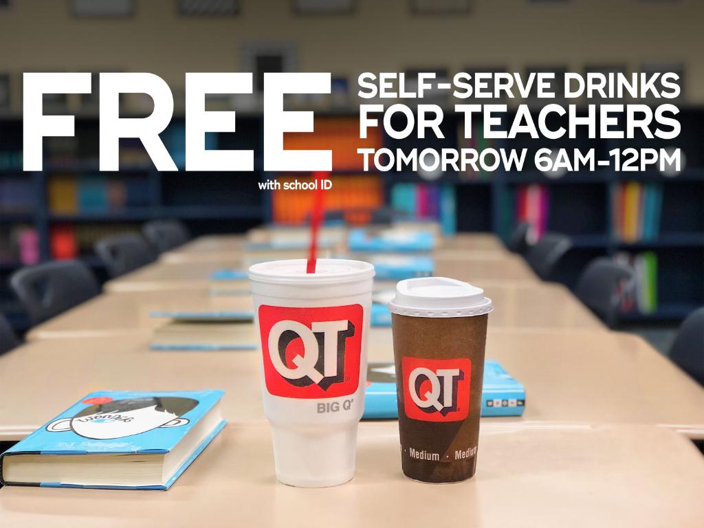 QuikTrip's tweet image. 🗣 BREAKING NEWS – To celebrate #TeacherAppreciationWeek, we are giving teachers a FREE self-serve drink tomorrow (5/10) from 6 a.m. to noon!
*Teachers must show a school ID. Valid for one self-serve tea, coffee or fountain drink. Offer available while supplies last.