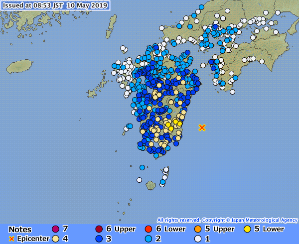 EarthQuakesTime's tweet photo. Según la Agencia Meteorológica de #Japón 🇯🇵 el sismo fue 6.3Mj frente a la Prefectura de #Miyazaki, región de Kyushu a 20 kilómetros de profundidad, alcanzó una intensidad de 5 inferior en la escala de Shindo.

⚠️Posibles daños menores. https://t.co/l4cuG7S0z7
