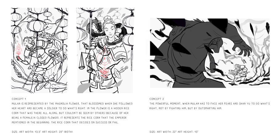 The concepts I worked on for the Mulan anniversary exhibition a while ago
I ended up finalizing the sketch in the middle, but I'm still thinking about finishing an other one... 