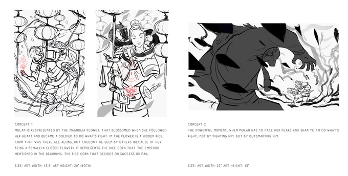 The concepts I worked on for the Mulan anniversary exhibition a while ago
I ended up finalizing the sketch in the middle, but I'm still thinking about finishing an other one... 