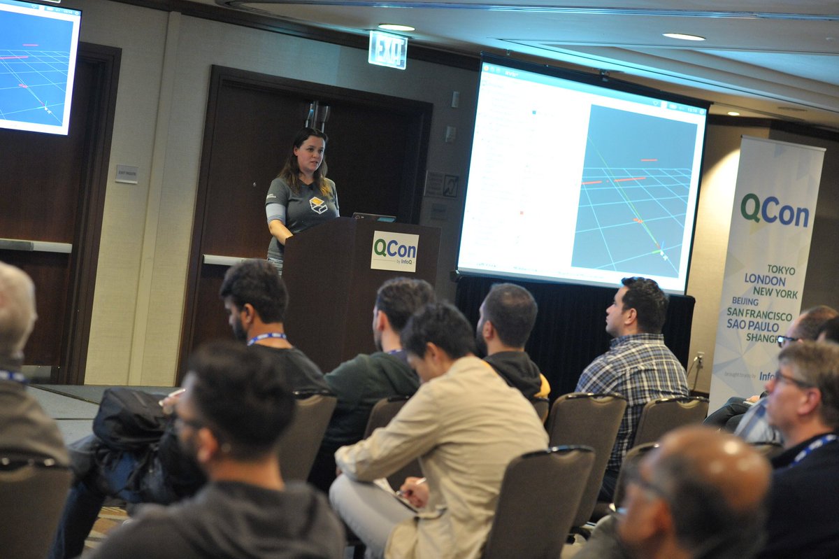 QCon's tweet image. .@chapulinaBR gives an overview of ROS and Gazebo (a #multirobot simulator), the problems they've been solving so far and what's on the roadmap for the future. Watch the talk, transcripts included on InfoQ. #QCon #QConSF bit.ly/2vIA0j9