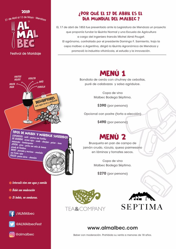 Menú #ALMAlbec de <a href="/teandcompanymza/">Tea & Company</a> junto a <a href="/BODEGASEPTIMA/">BODEGA SEPTIMA</a> 🍷

Reservá a través de (Palmares) bit.ly/TeaandCoALMAlb…
(Chacras) bit.ly/TeaandCoCHALMA…… o desde la app de <a href="/GuiaMendozaGour/">Guia Mendoza Gourmet</a>

#TeInvitamosALMAlbec #MalbecWorldDay