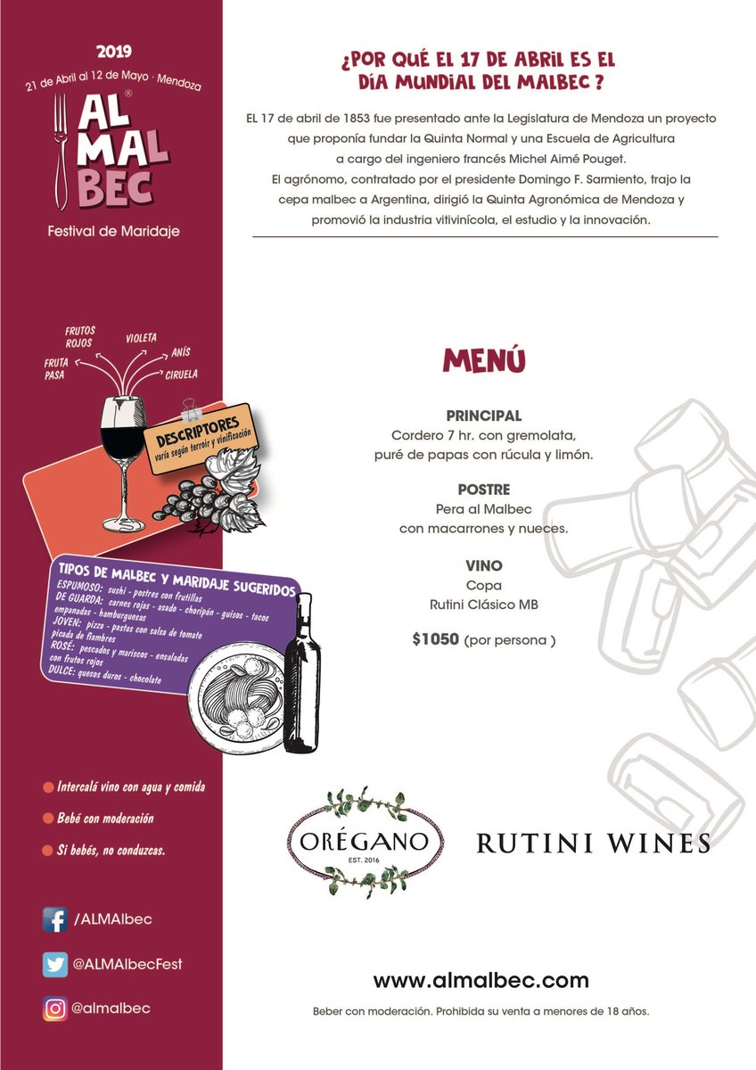 Menú #ALMAlbec de Orégano junto a <a href="/RutiniWines/">Rutini Wines</a> 🍷🍴

Reservá a través de bit.ly/OreganoALMAlbec … o desde la app de <a href="/GuiaMendozaGour/">Guia Mendoza Gourmet</a>

#TeInvitamosALMAlbec #MalbecWorldDay