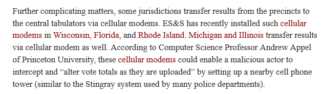 7/ Moreover, precinct-based ballot scanners in FL, MI, WI, IL, and RI do send electronic tallies via cellular modem, i.e., over the internet!  https://www.nybooks.com/daily/2018/11/05/voting-machines-what-could-possibly-go-wrong/