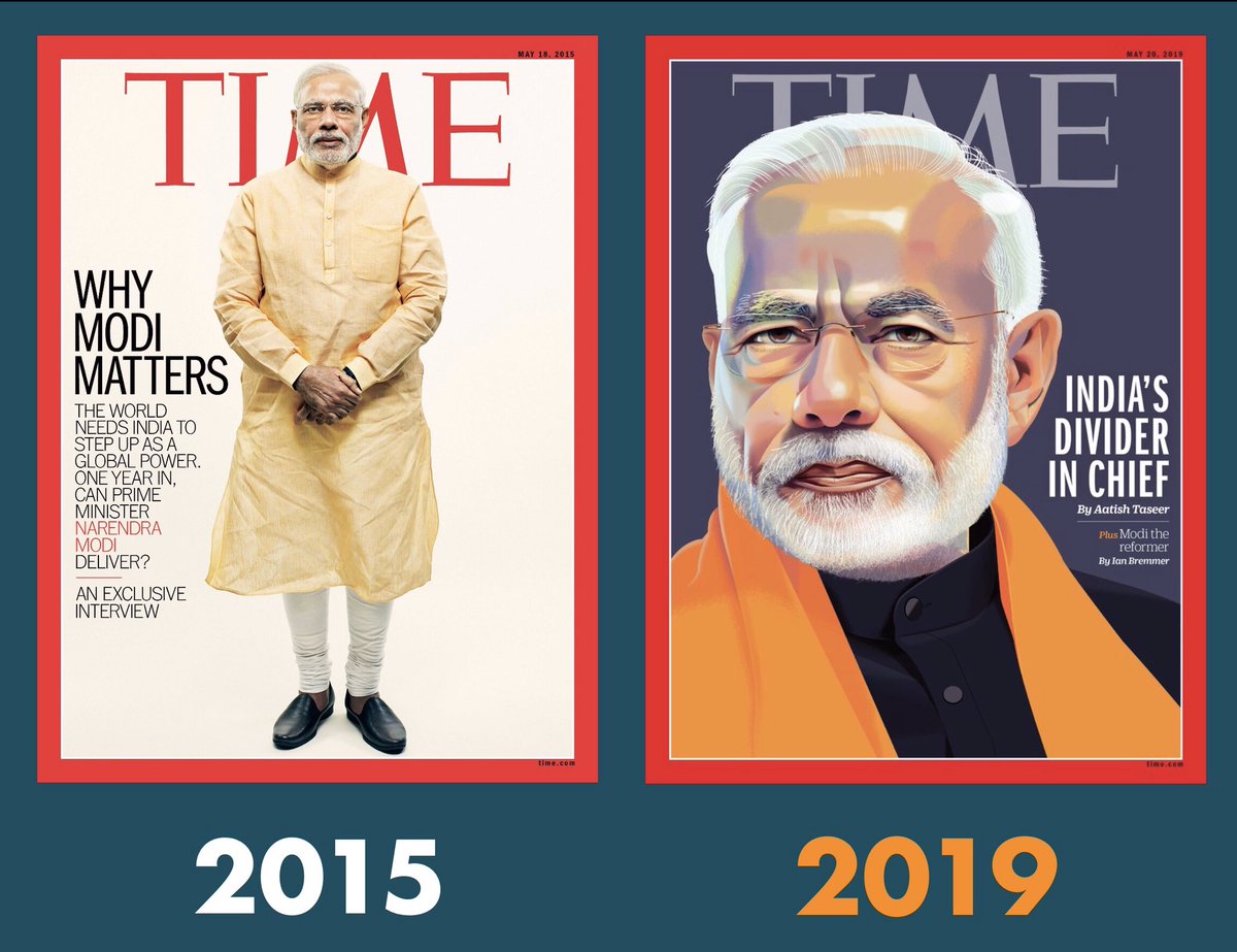 dhruv_rathee's tweet image. Reality of Modi exposed by Two Time Magazine Covers

2015: Can Modi Deliver?
2019: India&apos;s Divider in Chief 

This is what has changed in 5 years. From a hope for Indians, he has become what his supporters would call the Tukde Tukde Chief - a man who divided India.