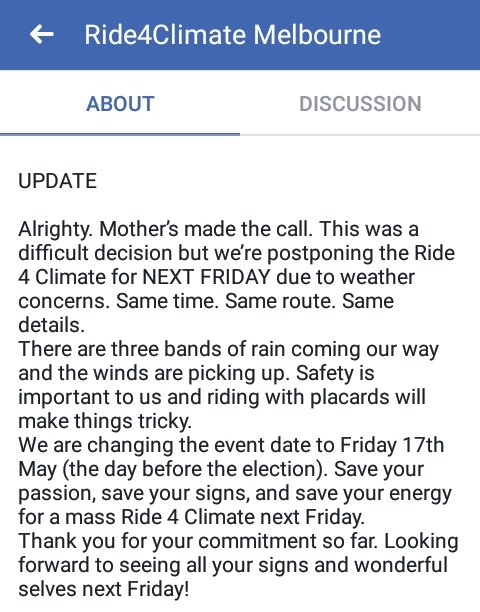 yarrabike's tweet photo. Update from #Ride4Climate organisers: #Melbourne ride postponed to 5pm, Friday 17 May 2019, Birrarung Marr Behind Federation Square. More details on fb event: https://t.co/4J8MkUknBJ https://t.co/CM78inlzK0