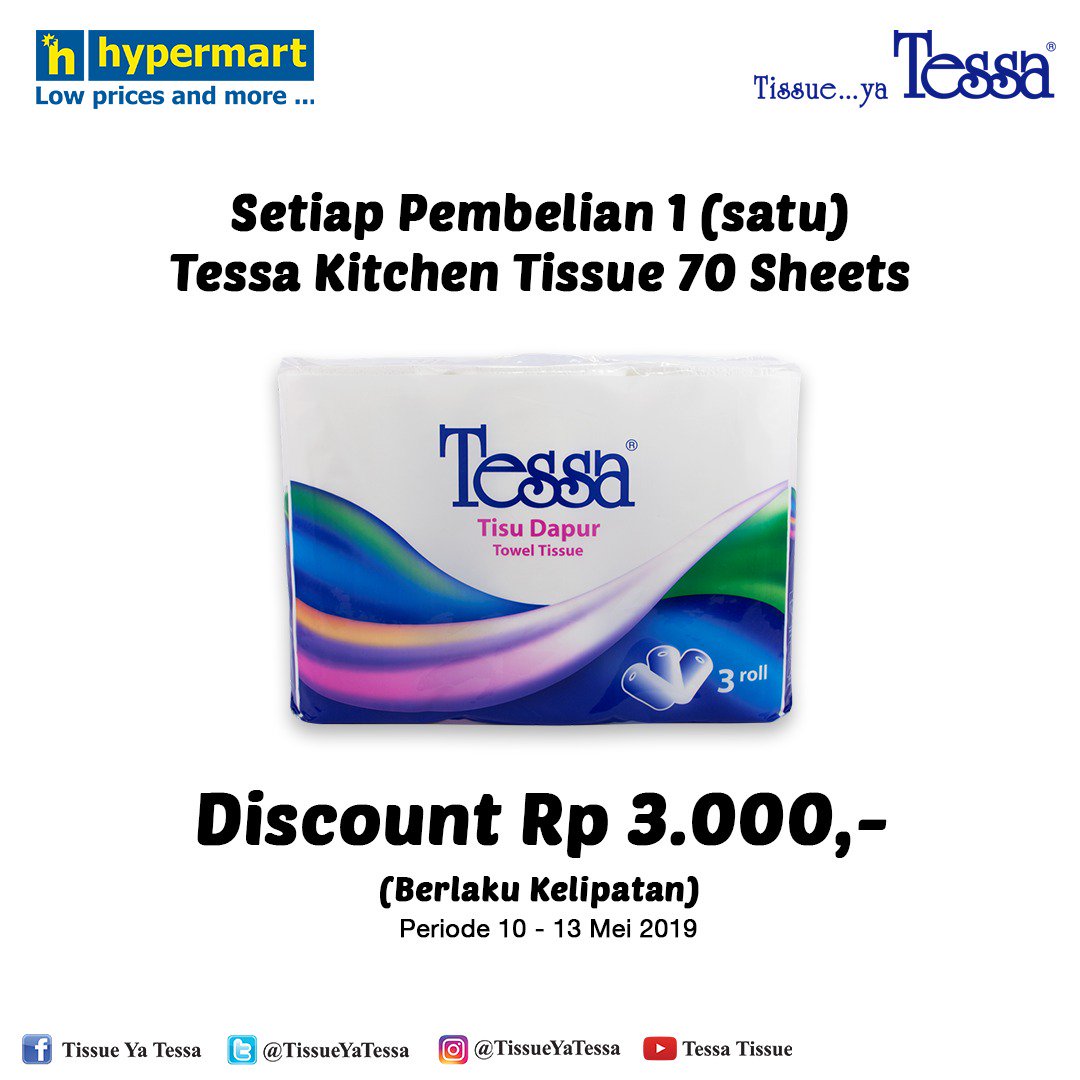 TissueYaTessa's tweet photo. PROMO MEI !!
.
Dapatkan potongan harga Rp 3.000,- langsung disetiap pembelian 1 (satu) Tessa Kitchen Towel 70 Sheets, 2 ply di Hypermart terdekatmu sekarang. Buruan nanti kehabisan! #TissueYaTessa https://t.co/wOd4LApWe3