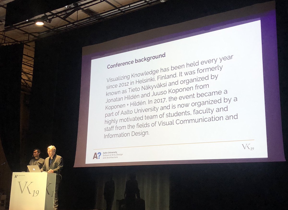 AaltoUniversity's tweet image. .@vizknowledge conference started with opening words by Philip Dean &amp;amp; @Rupvectra. This year’s event is centered around the concept of senses – from human senses to machine sensors. #VizKnowledge #VK19 #aaltofestival