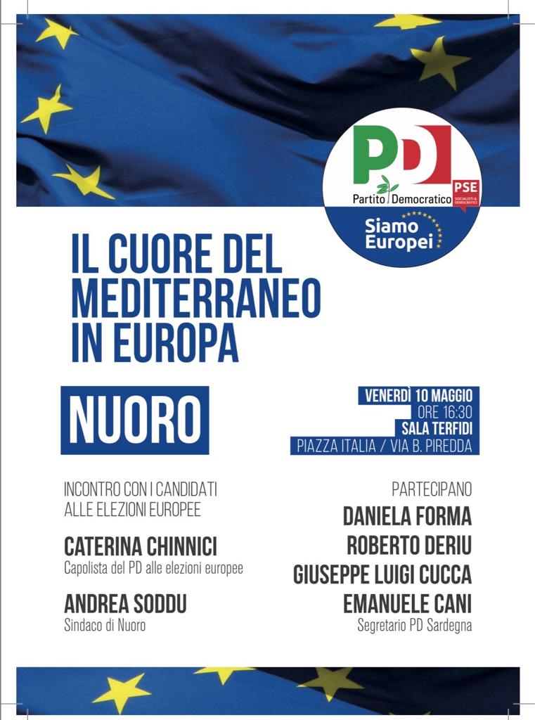 Buongiorno,

Dopo il successo di ieri ad Assemini  oggi in nostro candidato alle elezioni europee Andrea Soddu sarà a Nuoro, alle 16:30 nella sala Terfidi, insieme a Caterina Chinnici, Daniela Forma, Roberto Deriu, Giuseppe Luigi Cucca e Emanuele Cani. #Europee2019