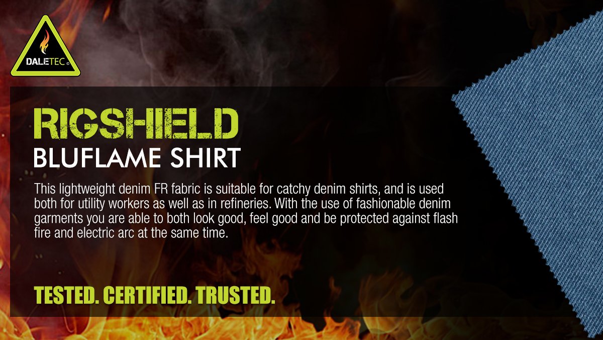Daletec1's tweet image. RIGSHIELD- #BLUFLAME are best for catchy denim shirts and is used both for utility workers as well as in refineries. With the use of fashionable denim garments you are able to look good, feel good and be protected against flash fire and electric arc
#Daletec #Rigshield #fabric