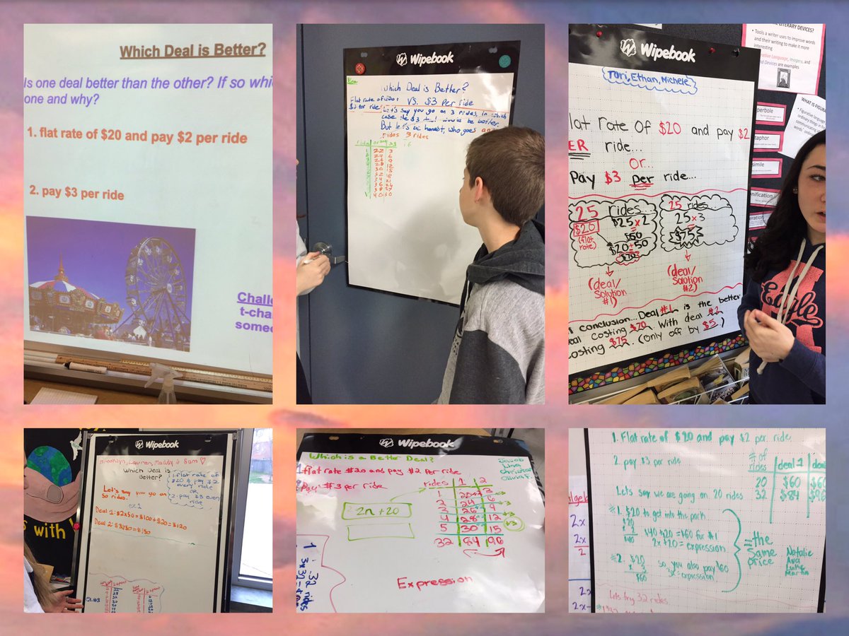 ElsaLemos1's tweet photo. Using our @Wipebook to show our algebraic thinking while figuring out the better deal in math today. #makingourthinkingvisible https://t.co/DTrv4eeW4T