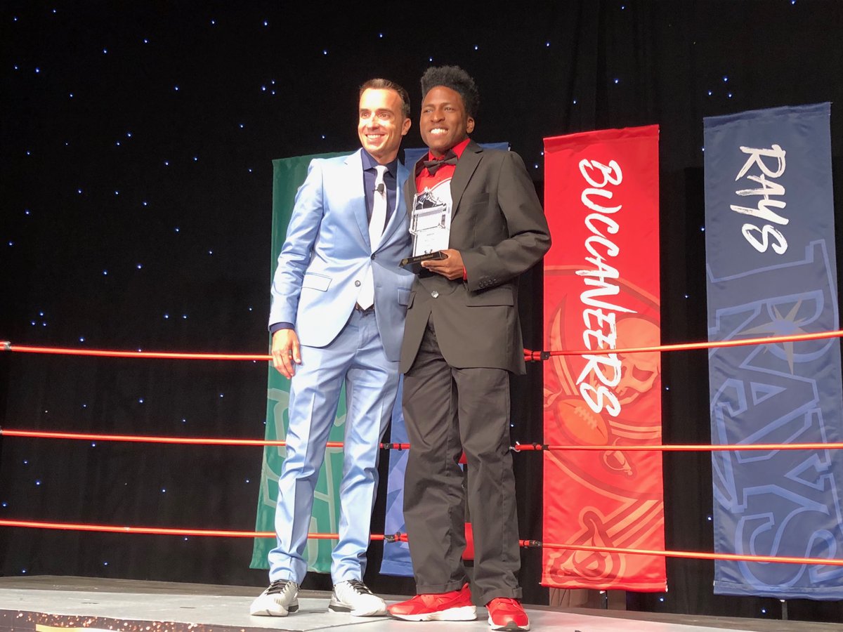 TBTimes_Bulls's tweet image. Moses Sutherland, team manager for ⁦@WhartonWildcats⁩ boys hoops and a folk hero of sorts at the school, received the Under Armour “I Will” Award at the #SneakerSoiree ⁦@WhartonBoosters⁩