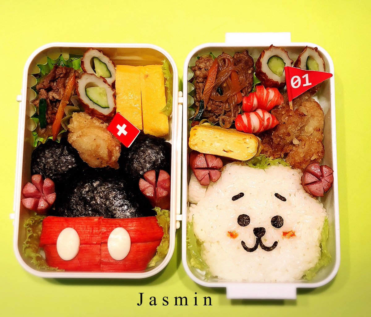 ジャスミン 福岡アクセサリー 昨日のお弁当 長女はまたbt21をリクエスト Rjだったかな ウインナーが耳みたいに笑 次女は簡単ミッキー キャラ弁 Bts