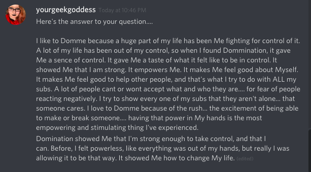 GeekGoddessEryn's tweet photo. My #sissy asked Me why I like to Domme the other day.

It took Me a day or two to formulate my answer, but here it is:

#RT4FET https://t.co/snYzpSYiq4