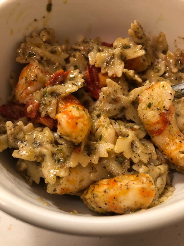 Sunflower seed cannabis pesto pasta with vegan jalapeño havarti cheese and plantbased prawns (cooked in canna oil and lemon juice) 