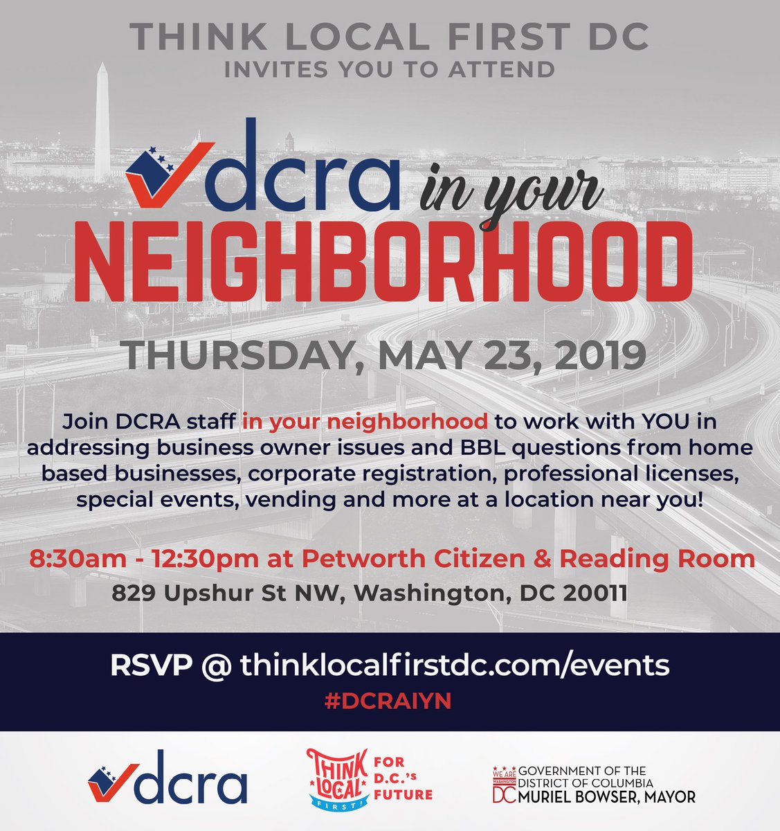 thinklocaldc's tweet image. Here comes another #ThinkLocalDC  series to support our local business community! @dcra In Your Neighborhood.  This is just the First of a series! Join us @PetworthCitizen @ReadingRoomDC
RSVP at dcraiyn2019.eventbrite.com

#SmallBiz #smallbusinessweek #DCSmallBizWeek #dcraiyn