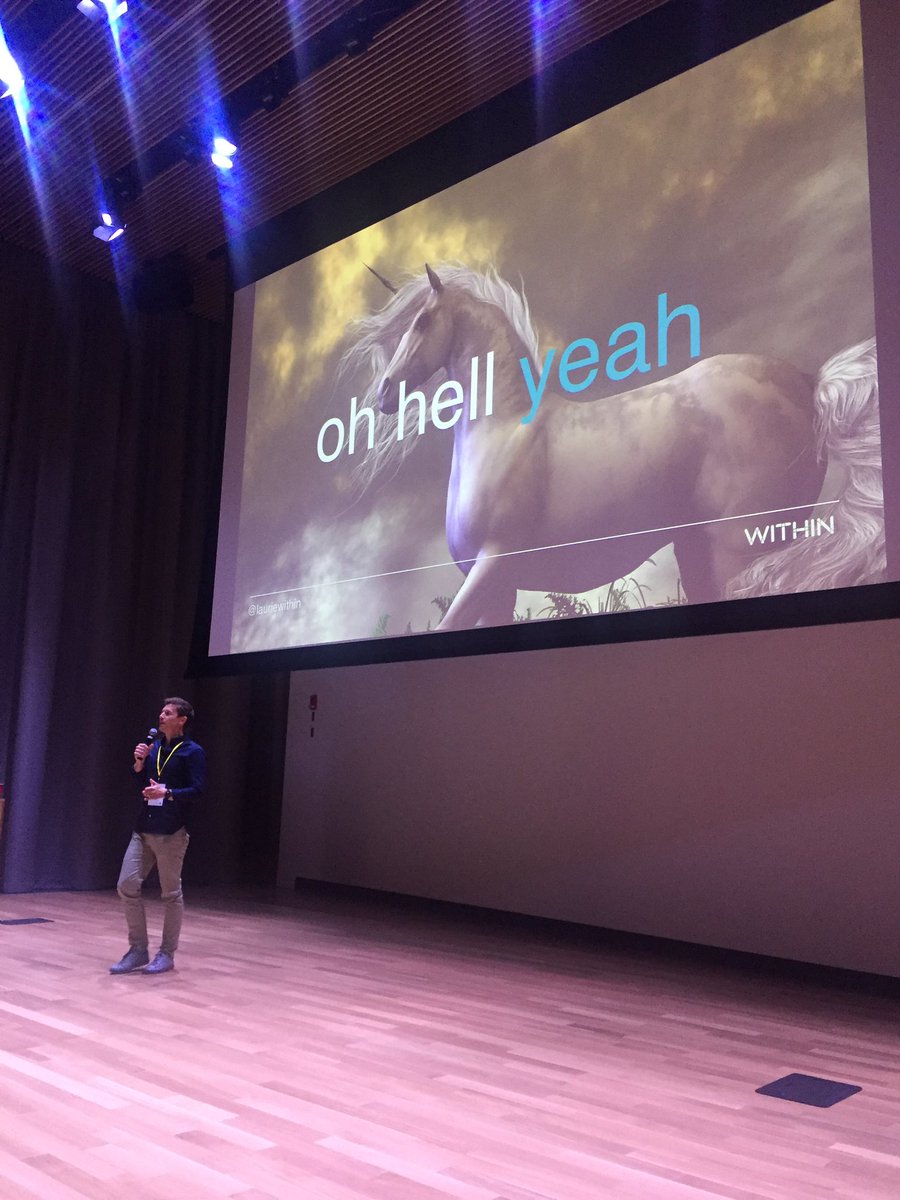 Next up is <a href="/lauriewithin/">Laurie Bennett</a> talking about Unicorns and Donkeys. This might be my favourite photo of the night #DisruptHRYYC