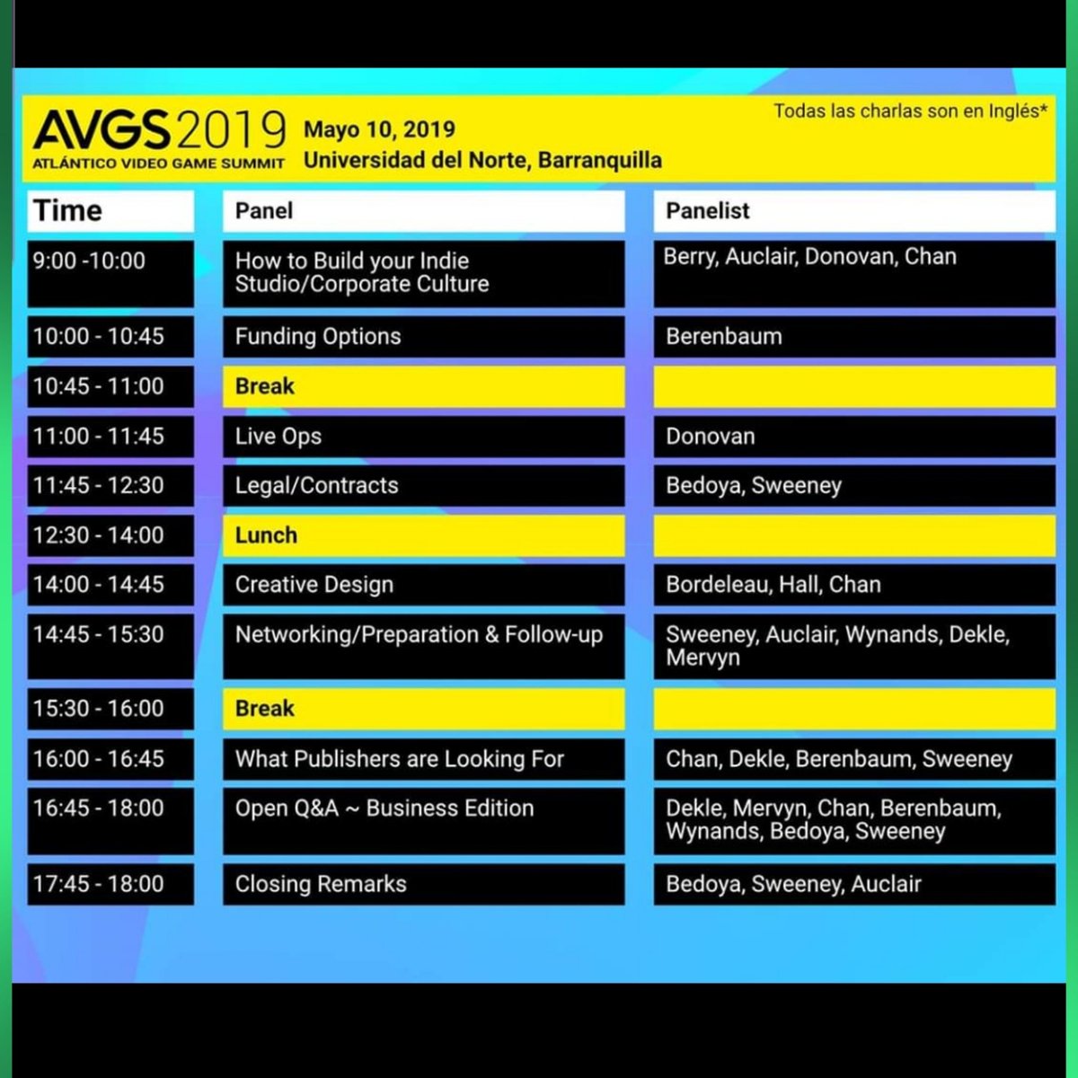 camilocepeda's tweet photo. Esta es la programación que tendremos hoy en el último día de #AVGS2019. 
Inicia a las 9:00 a.m. en el auditorio de @UninorteCO. Entrada libre. https://t.co/v8wHUGywgo