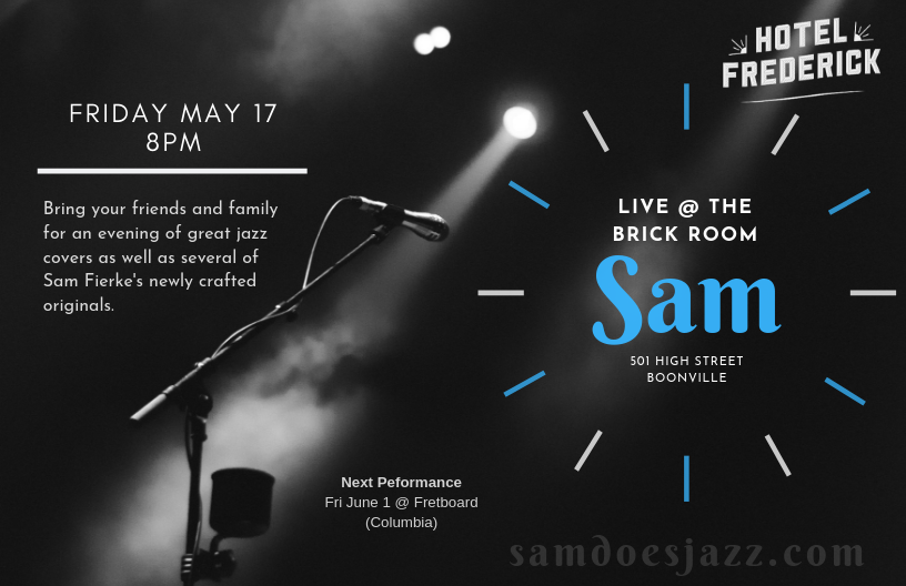 samdoesjazz's tweet photo. Just one week from now I get to sing with my musical friends Zach Beeson, Sam Luetkemeyer, and Loyd Warden in The Brick Room at the historic Hotel Frederick in Boonville.  The place looks so pretty.  I hope you're able to make it! #JazzLovers https://t.co/NdOqlUqOwz @1023BXR https://t.co/wckhAqNjqy