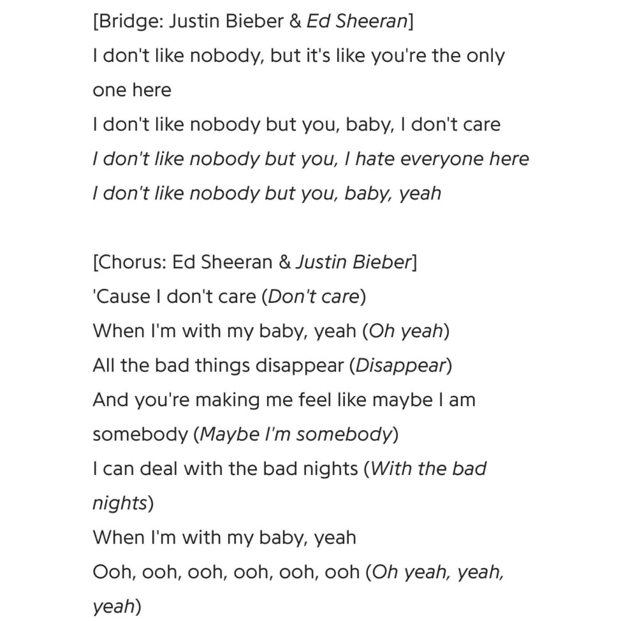 Justin Bieber Crew 2 Check Out The Lyrics To Justin Bieber And Ed Sheeran S New Single I Don T Care T Co Wixna9zwdu Twitter