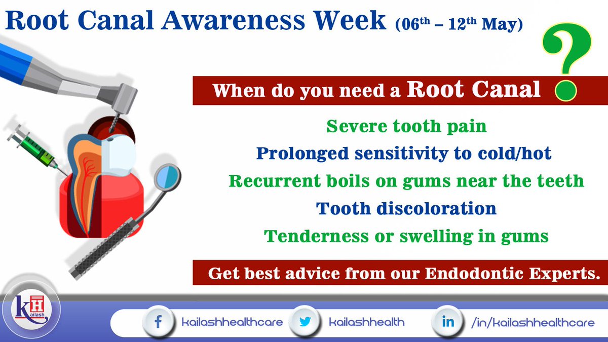 KailashHealth's tweet photo. #RootCanalAwarenessWeek #Endodontist #Symptoms #DentalTreatment #OralHealth
If you are facing any of these symptoms you need a Root Canal Dental Treatment. Consult an Endodontist. https://t.co/RiHnm8aB7i