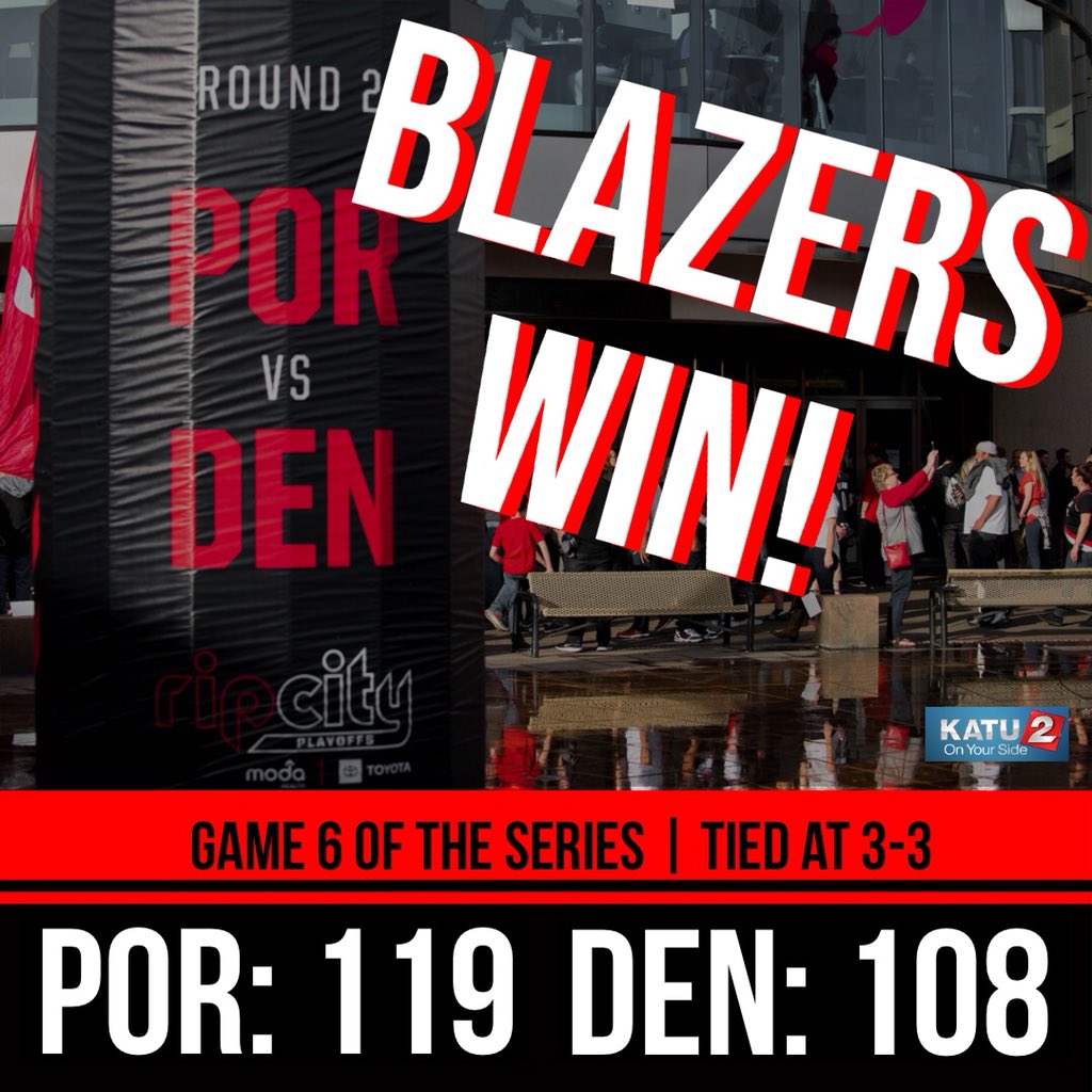 KATUNews's tweet photo. RIP CITY!!! ❤️🖤 Trail Blazers win 119-108 against the Nuggets, tying up the series 3-3 as they head to Denver for game 7! #LiveOnK2 #RipCity https://t.co/1jdgGBlc9s
