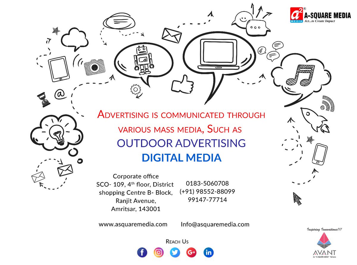 AvantMediaTech's tweet photo. Advertising is communicated through various mass media,Such as Outdoor Advertising,Digital Media. #Asquare #Avant #marketing #onlinemarket #digitalmarketing  #radio #radioPartnership #webdesign #creative #webdevelopment #graphicsdesign #branding 
📱: (+91)9855288099, 0183-5060708 https://t.co/CXVf92dNFH