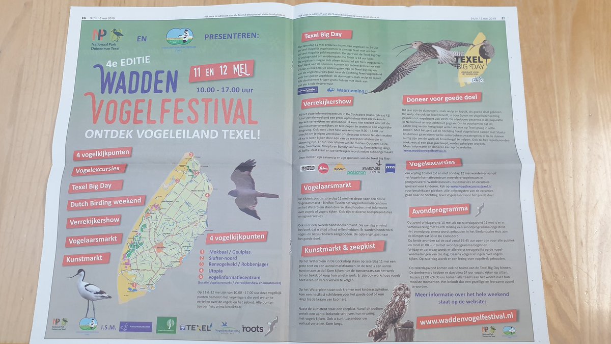 Het programma van het Wadden Vogelfestival staat in Texeldit weekend. Zit je vandaag of morgen nog op de boot. Pak het gratis mee. Tot op Texel <a href="/TexelBigDay/">Texel Big Day - 2025</a> <a href="/NPTexel/">Nationaal Park Duinen van Texel</a>