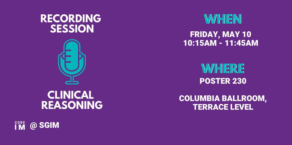 💡TODAY 10:15am-11:45am 💡

🎙 Come on air and tell us YOUR experiences w/ clinical reasoning at Poster 230 🎙

Share with ur tweeps!  #SGIM19