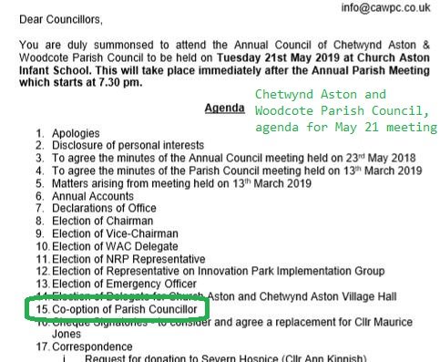 Chetwynd Aston and Woodcote PC is one of (by my count) 12 town/parish councils that had *fewer candidates come forward for election than there were seats available, and hence starts its 2019-2023 term with a vacant seat. #chetwyndaston #woodcote #wrekin