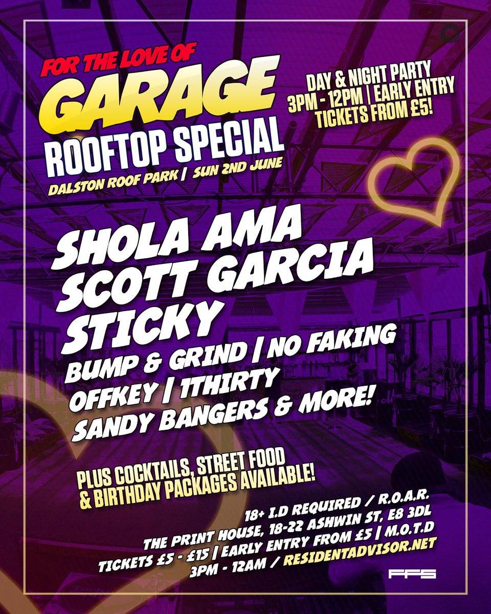 😎🎉 Join us on 2nd June for the UK Garage Summer <a href="/DalstonRoofPark/">Dalston Roof Park</a> Special ft. <a href="/SholaAma/">Shola Ama</a> <a href="/DJScottGarcia/">Scott Garcia</a> <a href="/DJSticky/">Sticky</a> <a href="/BumpNGrindDJs/">Bump & Grind</a> <a href="/Nofakingever/">NO FAKING</a> <a href="/SandyBangers/">Sandy Bangers</a> <a href="/1thirtydj/">1THIRTY</a> &amp; More! All the classics, cocktails, street food and daytime raving!!
👉 Tickets: bit.ly/FLOGarage_Tix