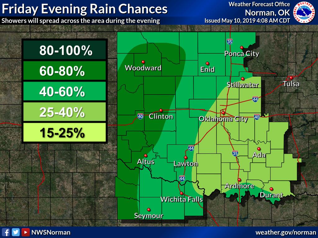 NWSNorman's tweet photo. Showers and isolated storms will be possible this afternoon into Saturday w/ chances beginning W then spreading E this evening/night. Severe weather is not expected. #okwx #texomawx https://t.co/RrKyoUXBwX