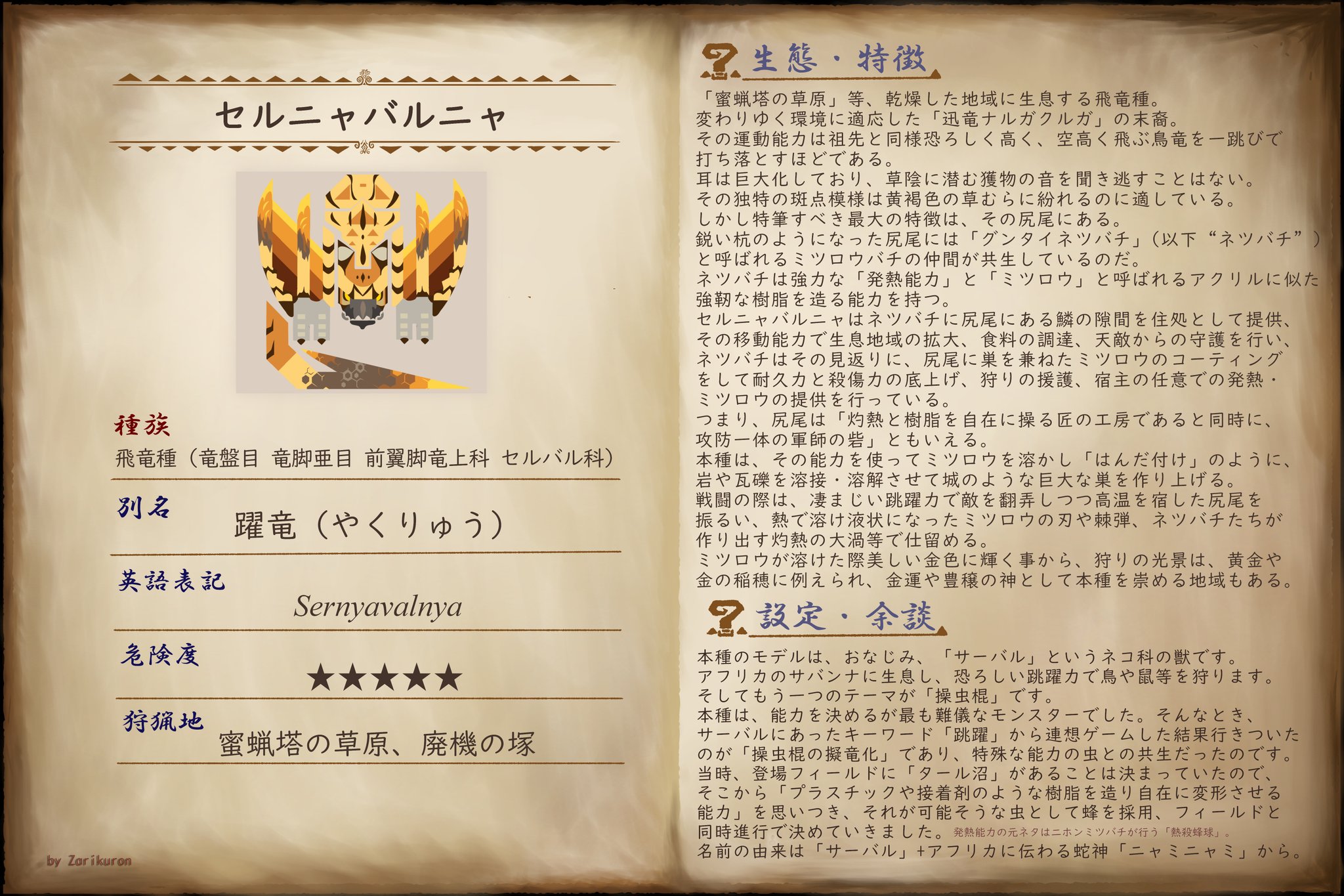 サウリプス𓅜𓆌𓆈 令和最初の自作モンスター図鑑 第26回 セルニャバルニャ サーバルカラーをしたナルガの近縁種です ฅ ฅ モンハンワールド Monsterhunter Mh自作モンスター イラスト イラスト好きと繋がりたい モンハン好きと繋がりたい