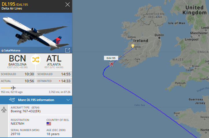 NikPhillips666's tweet photo. Delta Air Lines #DL195 out of Barcelona to Atlanta is diverting to Shannon https://t.co/7ozABxjLw7