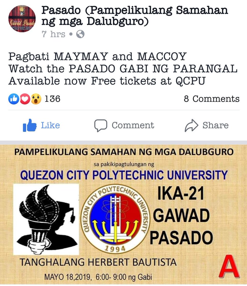 MWTrendSquad's tweet photo. For those near to Quezon City Polytechnic University!

Pasado Gabi ng Parangal Free Tickets are now available in QCPU. 

What: Gawad Pasado Award
When: May 18, 2019
Time: 6:00 to 9:00pm

Link: https://t.co/ECdwS06Qoq

#WelKAMBATMayWard 
@maymayentrata07 @Barber_Edward_ https://t.co/YD8NpbvxEU