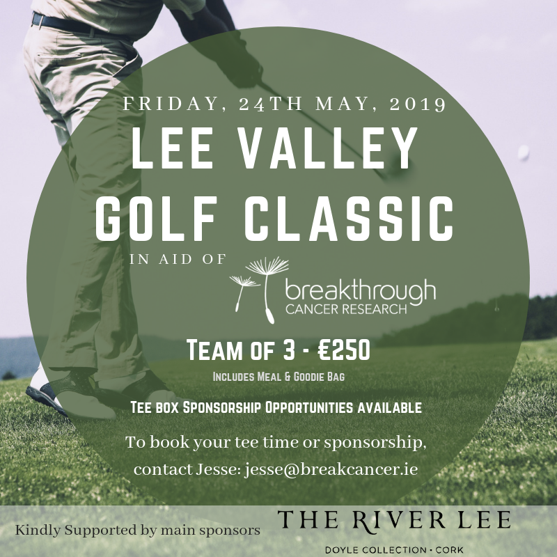 Our Lee Valley Golf Classic in aid of #CancerResearch is coming up on 24 May & spaces are booking fast! Teams are made of 3 players each & all receive a goody bag & club house meal! #Cork #Golfers don't want to miss this - contact jesse@breakcancer.ie to secure your tee time!🏌️‍♂️