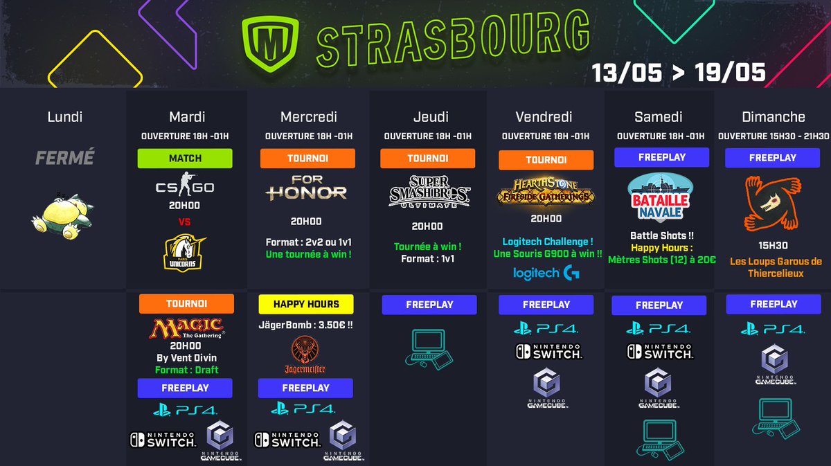 MeltdownStras's tweet photo. Planning is Up !
#CSGO @meltdownparis #MagictheGathering #ForHonor #Ubisoft #HappyHours #JägerBomb #SuperSmashBrosUltimate #Nintendo #Hearthstone #Firesidegathering #LogitechG #BattleShots #LoupsGarousdeThiercelieux #JeuxVideo #eSports @Team_ECS #Etudiants #Party #Strasbourg https://t.co/IyLFxPu6Bb