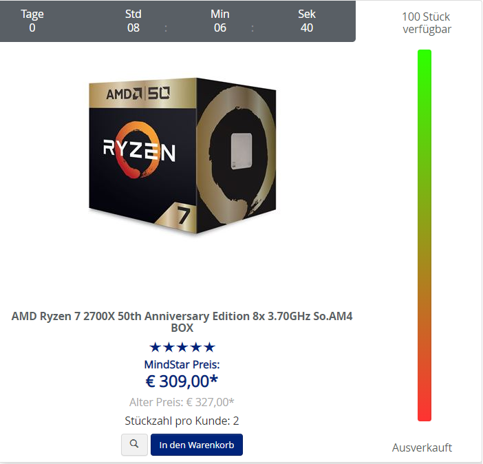 AMD_Deutschland's tweet photo. Bei @Mindfactory_de ist der Ryzen 7 2700X in der 50th Anniversary Edition gerade im #Mindstar Angebot! Klickt: https://t.co/37CoeMgn5x https://t.co/K29rYfX4IC