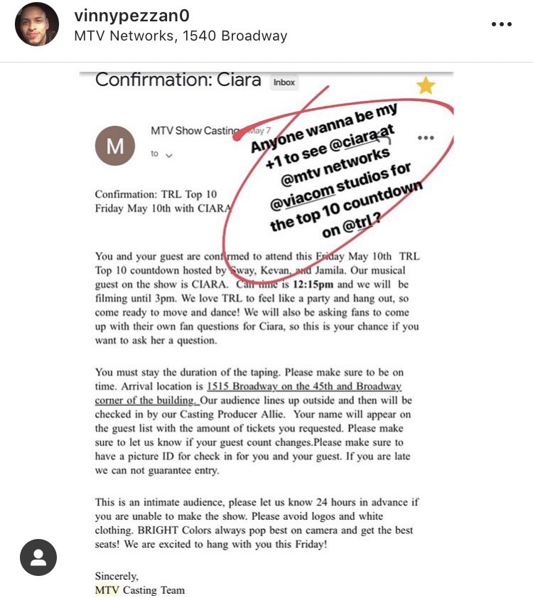 vinnypezzano's tweet photo. Tomorrow! I have an open +1 - +3 to see @ciara on @trl top 10 countdown at @mtv Network @viacom Studios in Times Square if anyone else is a fan and wants to go! #MTV #MTVcasting #timessquare #audience #NYC #casting #castingcall #castingdirector #trl #ciara #beautymarks https://t.co/rkpRmkKvH7