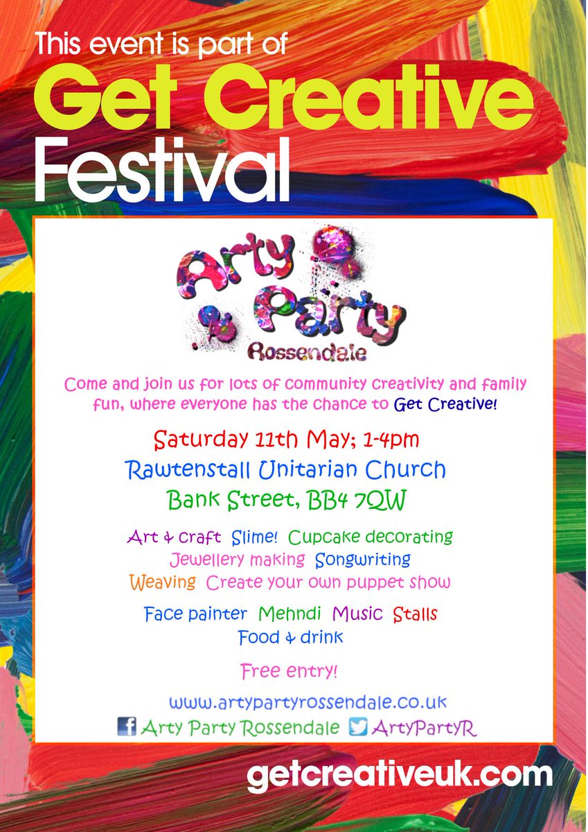ArtypartyR's tweet photo. So excited for our #GetCreativeFestival tomorrow! Join us for a fabulous family afternoon of creativity and fun. Something for everyone with music, food and drink (incl #Vegan) #GetCreativeUk #Rossendale #VoluntaryArts #BBCArts @LiveLancs @RossFreePress @lancstelegraph https://t.co/IEXRrZRTTU