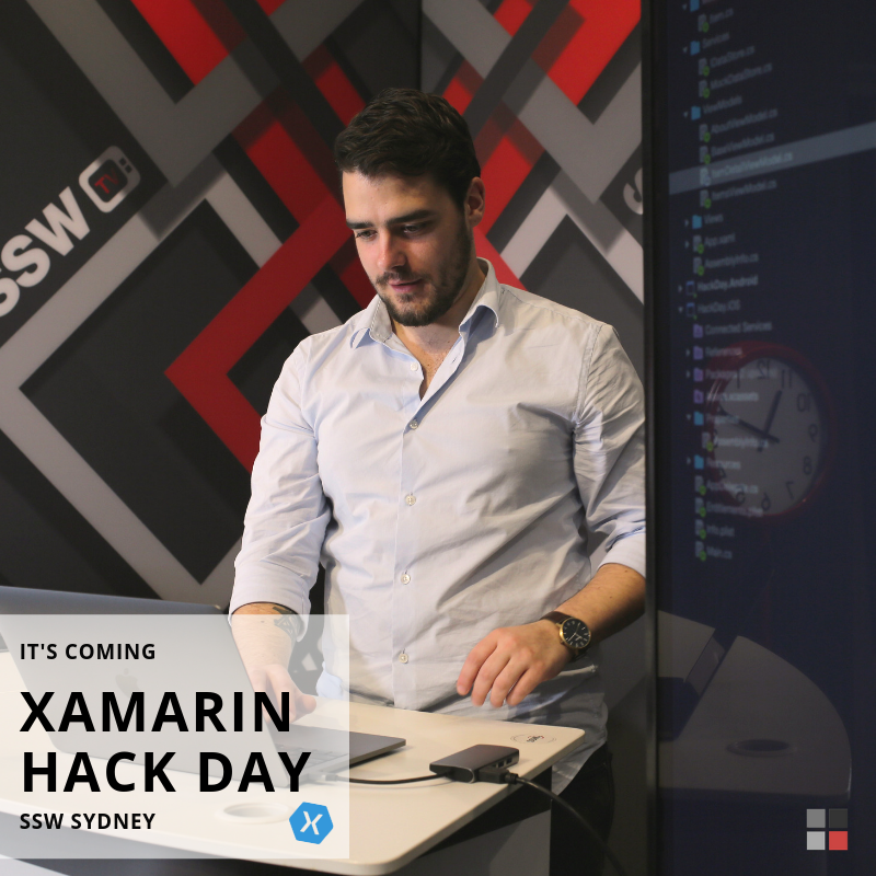 SSW_TV's tweet photo. Our next #XamarinHackDay is running on the 25th of this month in #Sydney and you shouldn't miss it! It's a great opportunity to learn some #Xamarin for free with our awesome dev Jack! 😉 👉 Find more at https://t.co/dj1xcuXUCT #LearnForFree #HackDay #Events #Tech #CommunityEvents https://t.co/4VT9CxvV3P