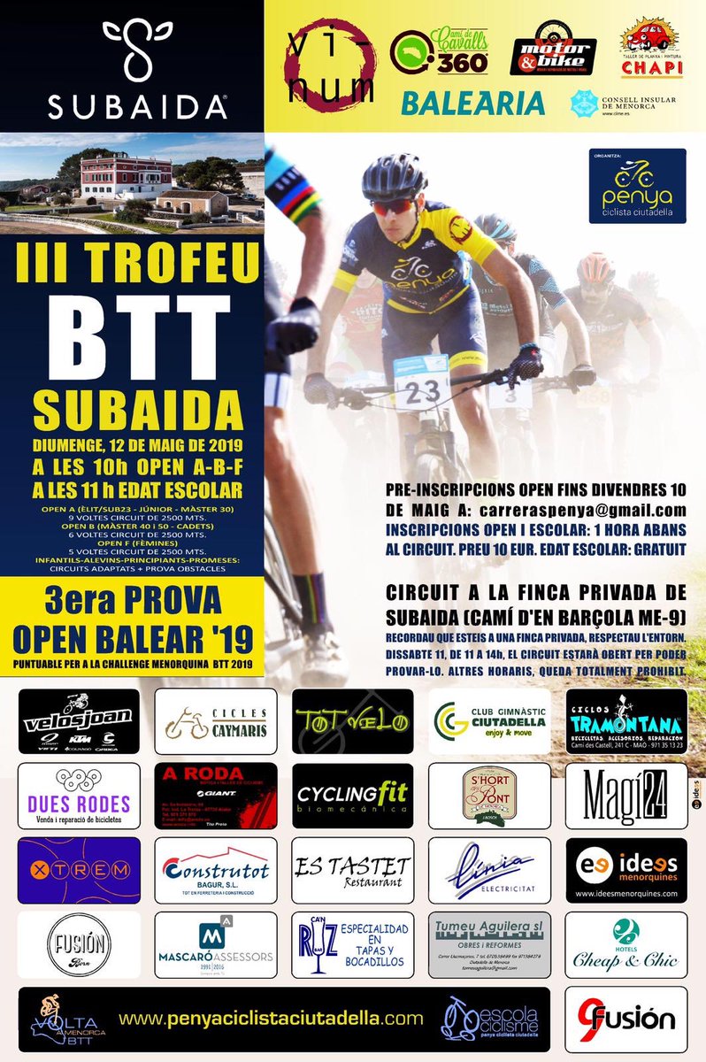 FincaSubaida's tweet photo. ¡Buenos días! Y como cada año, llega la BTT de Subaida, ¡imperdible!
#menorca #subaida https://t.co/mr05nVll9D