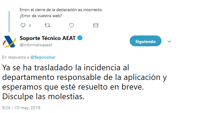 inforsysdp's tweet image. Si tienes el siguiente error al presentar la declaración en la AEAT. #renta #aeat #a3software #inforsys #declaración #incidencia  

ECAB8 - &quot;CIERRE DECLARACIÓN ES INCORRECTO&quot;

La AEAT confirma que están solucionando el problema. Esperan que esté resuelto en breve.