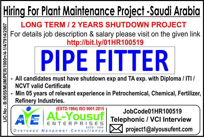 safwanyshaikh's tweet photo. HR01 #AlYousufGulfJobs  LARGE NUMBER OF REQUIREMENT FOR #PLANT_MAINTENANCE  #INDUSTRY #HIRING FOR LEADING COMPANY #SAUDI_ARABIA

#PIPE_FITTER
LONG TERM / 2 YEARS #SHUTDOWN_PROJECT
For details job description &amp; salary please click on the given link - https://t.co/I8AY6EGXwC https://t.co/DLIwBxgs6N