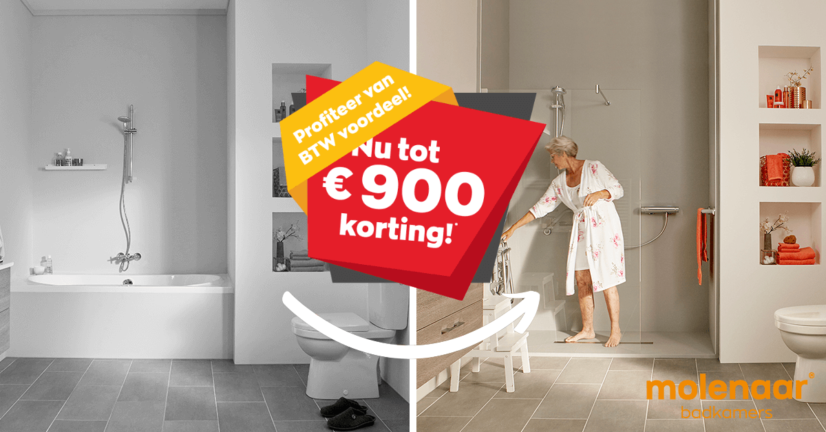 Profiteer nu van BTW-voordeel! Uw korting kan oplopen tot wel € 900,-! U betaalt geen 21% maar slechts 10% BTW bij aankoop van een comfortdouche uit de Primair of Deluxe collectie.

Bekijk de actie en profiteer nu: molenaar.nl/btw-korting/