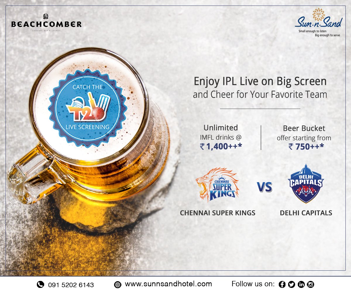 sunnsandhotel's tweet photo. Cheer for your favorite team as they battle it out to be champions of the league as you indulge in our cool offers this summer at Beachcomber Cocktail Bar & Lounge, Sun-N-Sand Hotel, Juhu, #Mumbai.
For Bookings Contact: 091 5202 6143
#IPL2019 #IPLLiveScreening #IPLLiveScreening https://t.co/LkL9wkkFzd