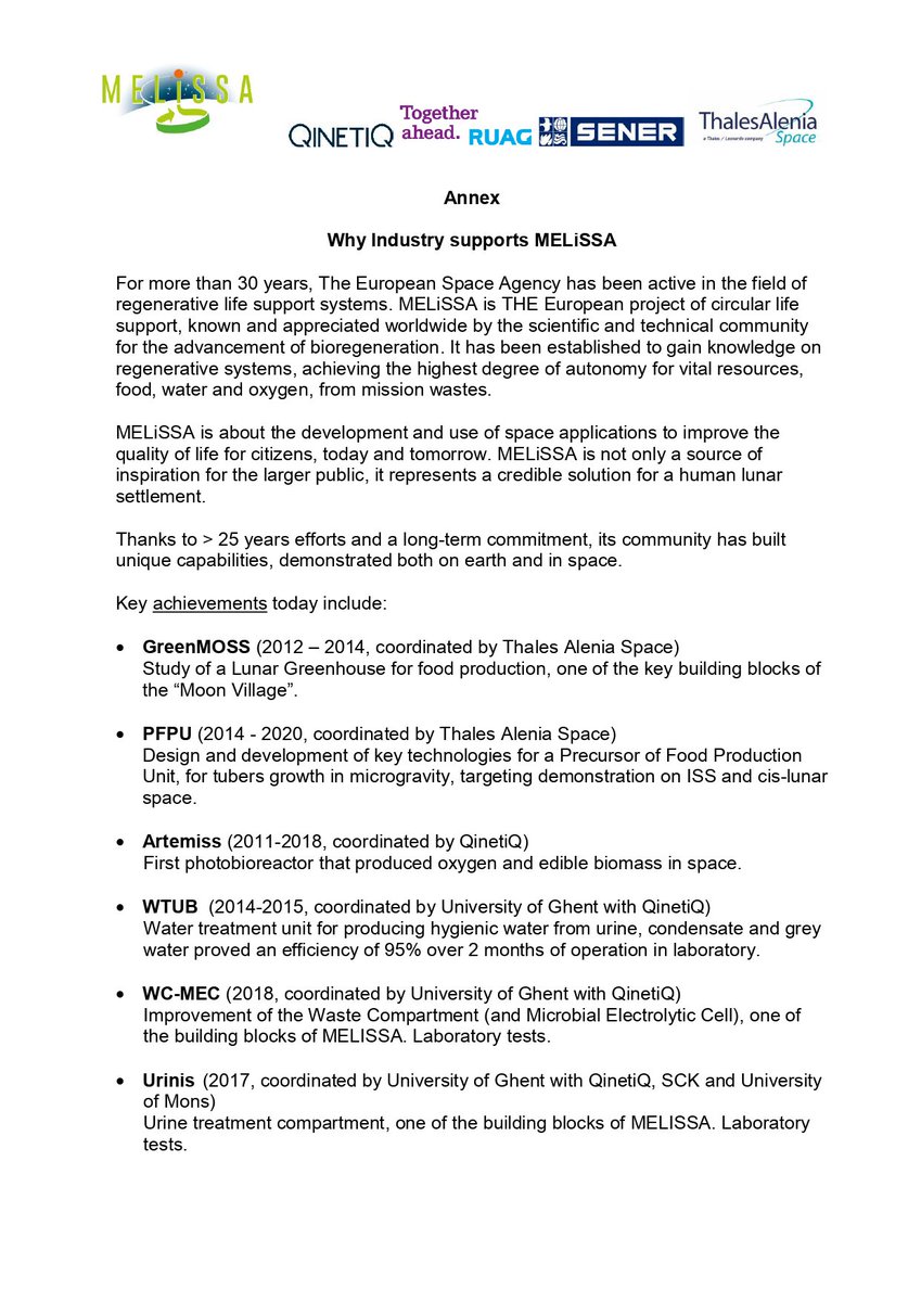 MELiSSAProject1's tweet image. Are you still wondering why industry supports MELiSSA? 

Thanks to more than 25 years efforts and a long-term commitment, MELiSSA community has built unique capabilities, demonstrated both in space and on earth. 

Discover these remarkable achievements!
#space #MELISSA