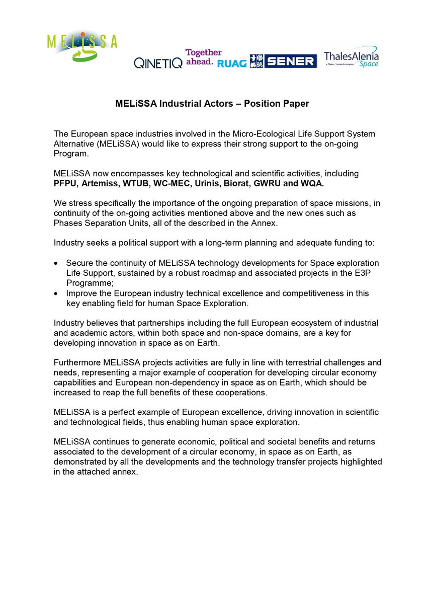MELiSSAProject1's tweet image. Are you still wondering why industry supports MELiSSA? 

Thanks to more than 25 years efforts and a long-term commitment, MELiSSA community has built unique capabilities, demonstrated both in space and on earth. 

Discover these remarkable achievements!
#space #MELISSA